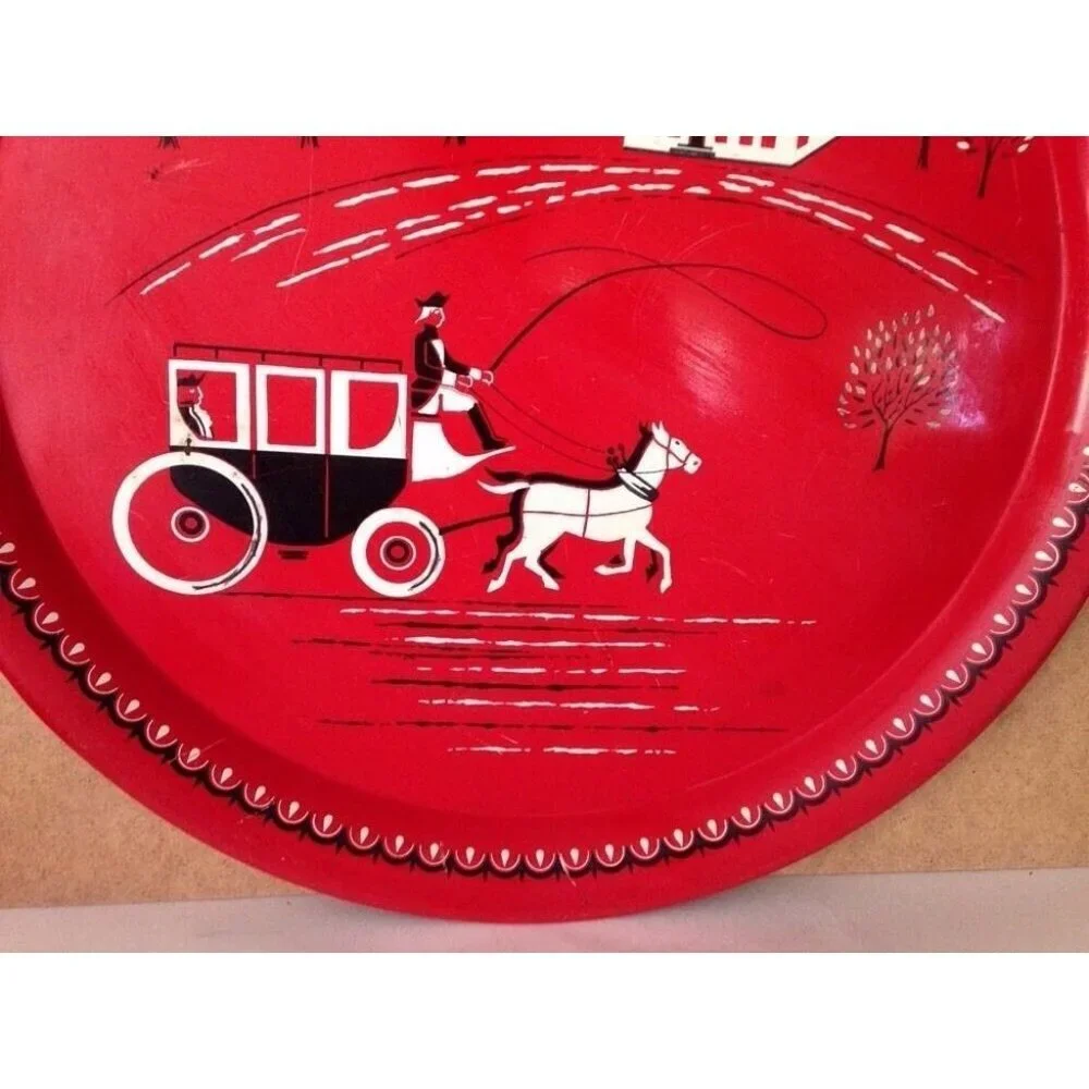 Vintage large metal red tray Horse Buggy Carriage Colonial Stagecoach scene 16